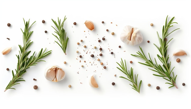 Photo garlic with rosemary and peppercorns isolated on white background fresh and aromatic