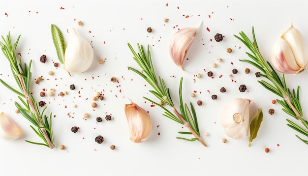 Photo garlic with rosemary and peppercorns isolated on white background fresh and aromatic