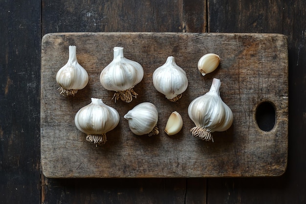 Photo garlic on a wooden board with a bunch of garlic on it