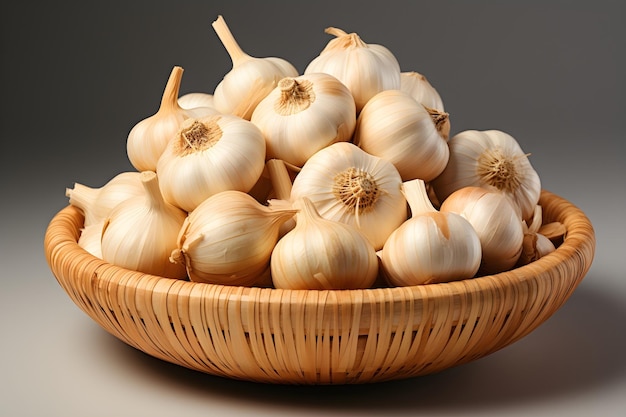 Garlic on wooden bowl