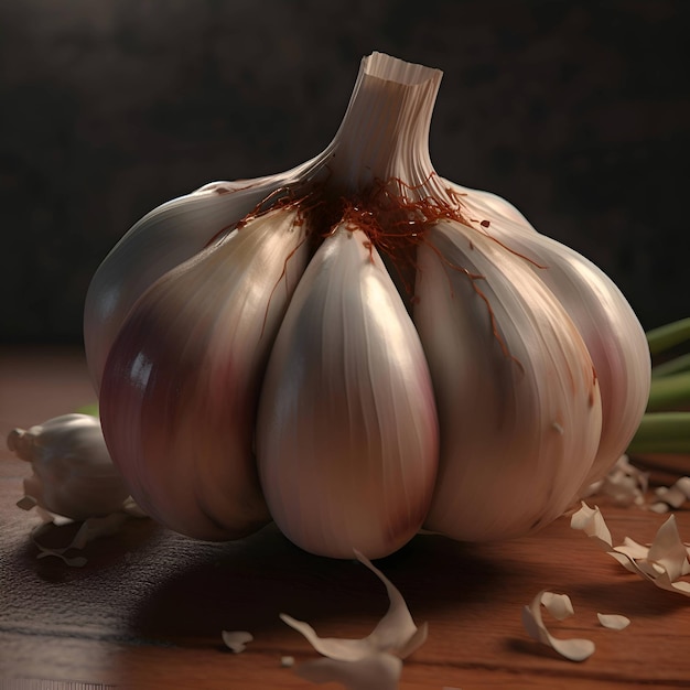 Garlic on a wooden table On a dark background High quality photo