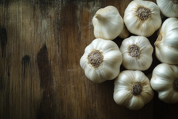 garlic on a wooden table with a dark background