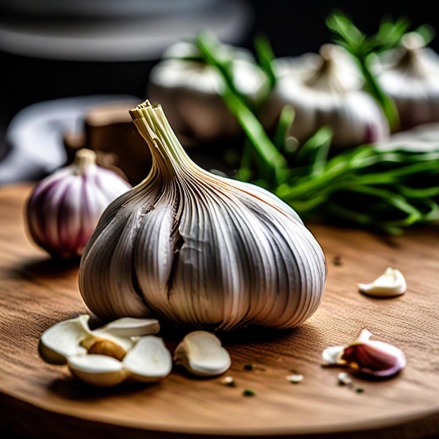 garlic on a wooden table with garlic and garlic on it