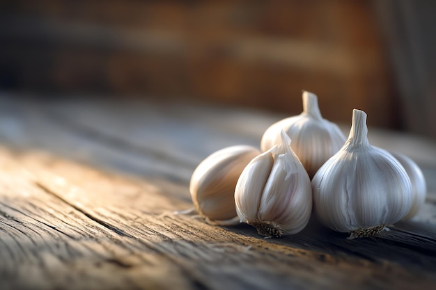 garlic on a wooden table with the sun shining on them