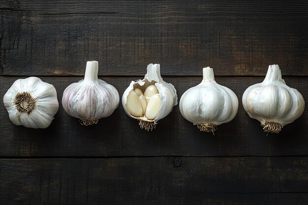 Photo garlics are lined up on a wooden wall one of which has a label that says garlic