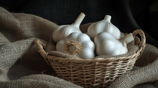 garlics in a basket are placed on top of a gunny sack and dark background