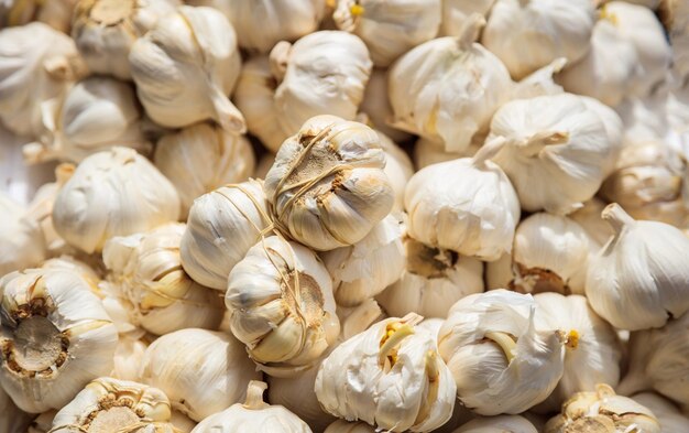 Garlics at the market full background Fresh healthy spice proper for vegan and vegetarian