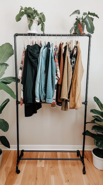 Photo a garment rack in a lightfilled modern living room blending seamlessly with the contemporary decor and minimalist aesthetic for a stylish organization solution