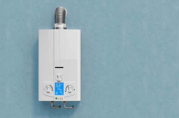 Gas boiler water heater on the blue wall 3D rendering