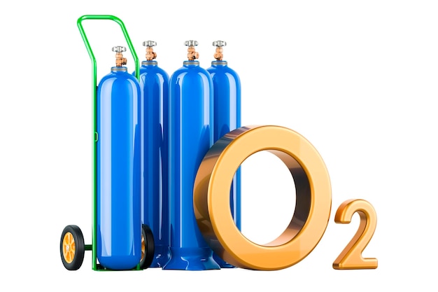 Gas cylinders with oxygen O2 Blue gas cylinder with hand truck Gas Delivery Service concept 3D rendering