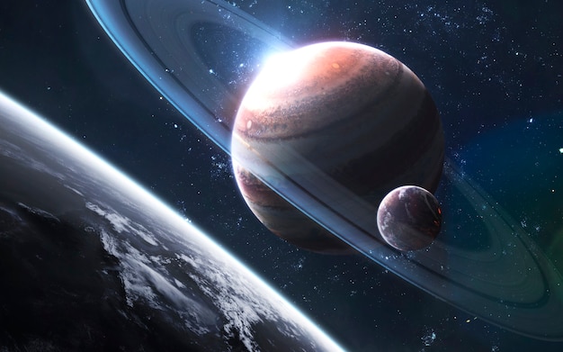 Photo gas giant with satellite, awesome science fiction wallpaper, cosmic landscape. elements of this image furnished by nasa