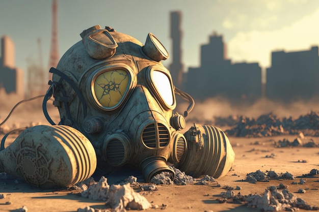 Gas mask on the ground in ruined city