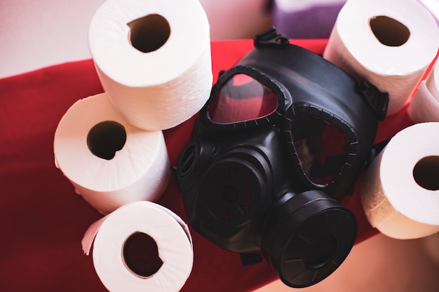 gas mask and a lot of toilet paper in your house. covid-19 concept exaggeration