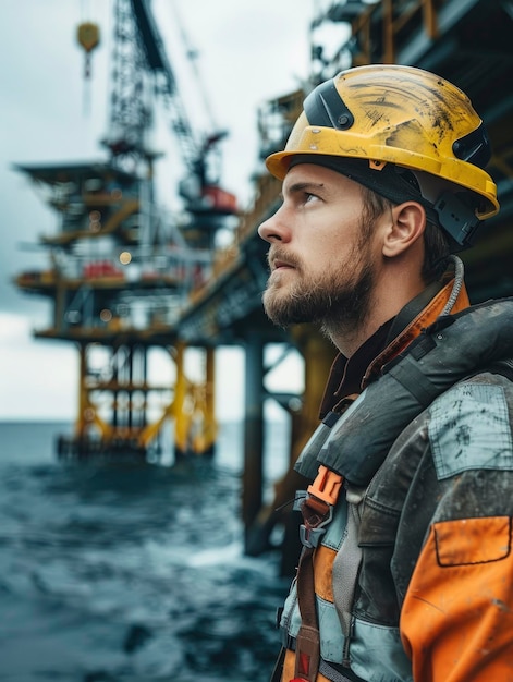 Photo a gas and oil offshore platform engineer in overalls looks at the platform in the background