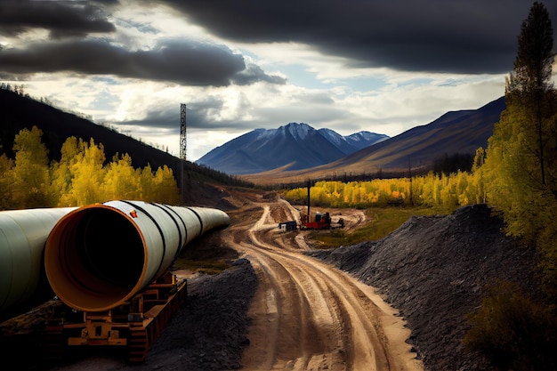 Gas pipeline being constructed in remote wilderness area