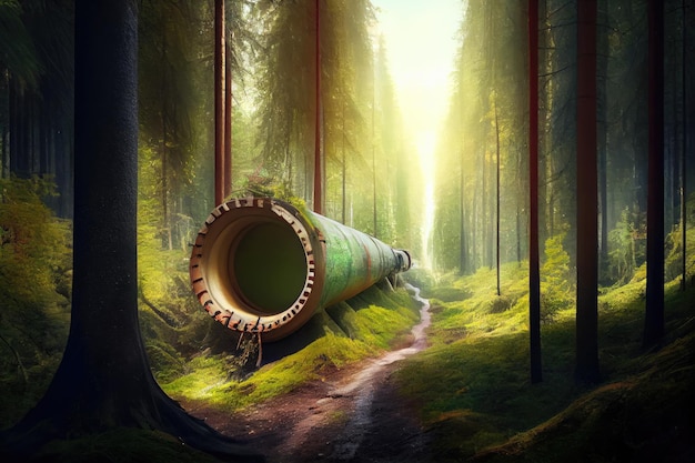 Gas pipeline being laid through forest with trees and wildlife in the background