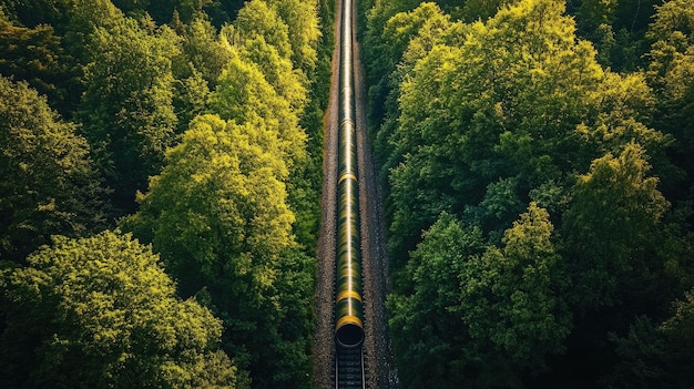 Gas pipeline leading through a dense forest topdown view with copy space in the treetops