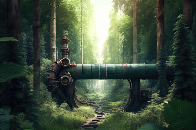 Gas pipeline in the midst of a lush forest with tall trees and animals visible