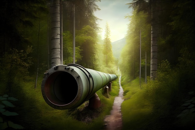 Gas pipeline running through dense forest with trees and greenery in the background