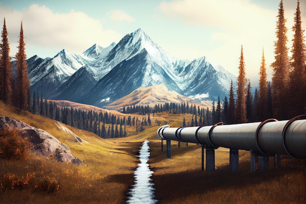 Gas pipeline running through scenic mountain range with peaks in the background