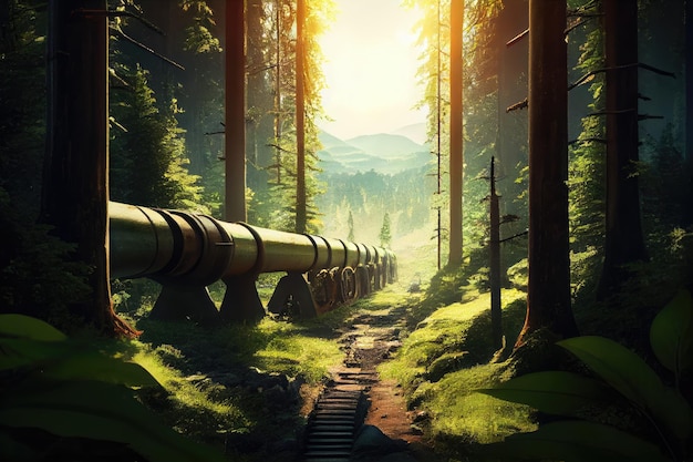 Gas pipeline stretching through lush forest with sunlight filtering through the trees