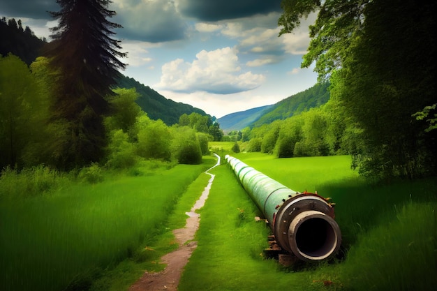 Gas pipeline surrounded by lush greenery in rural setting