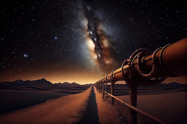 Gas pipeline with view of the night sky and stars visible