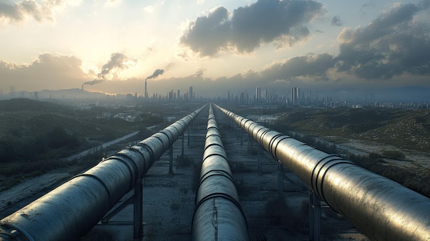 Gas pipelines in an industrial zone stretching into the distance with room for copy in the sky