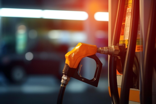 A gas pump is being filled with gas at a gas station.