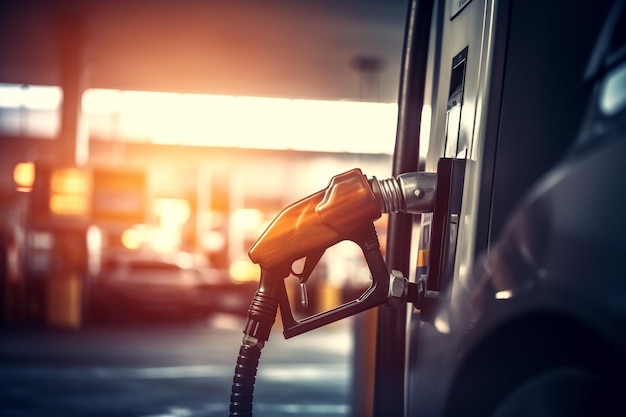 A gas pump is being filled with gasoline at a gas station.