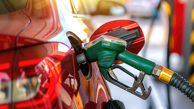 gas pump nozzle inserted into a car39s fuel tank showing the process of refueling at a petrol station