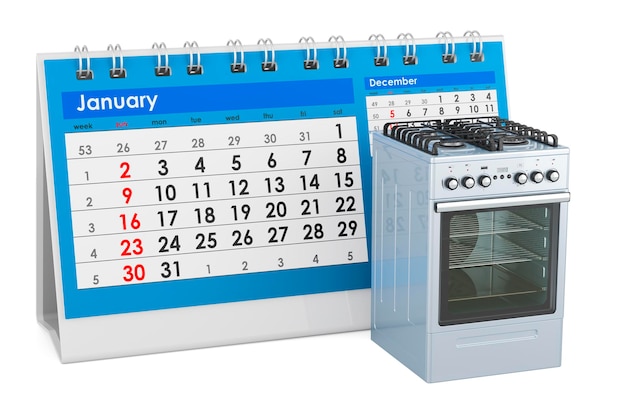 Gas range with desk calendar 3D rendering