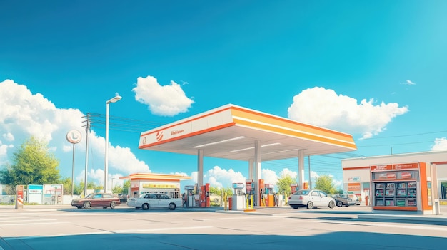 A gas station during the day with cars refueling a wellmaintained convenience store and clear