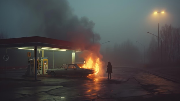 Gas station on foggy night features burning car emitting smoke lone figure standing nearby