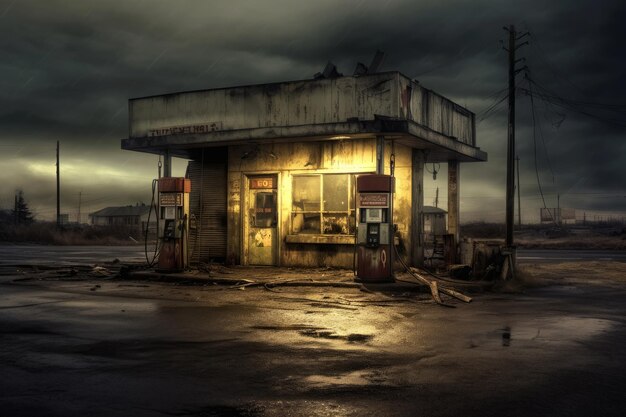 A gas station with a broken top and a sign that says'gas'on it