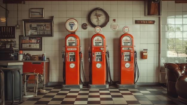 Photo a gas station with a classic retro design including oldfashioned pumps and a nostalgic