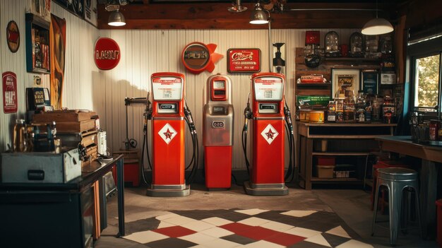 A gas station with a classic retro design including oldfashioned pumps and a nostalgic