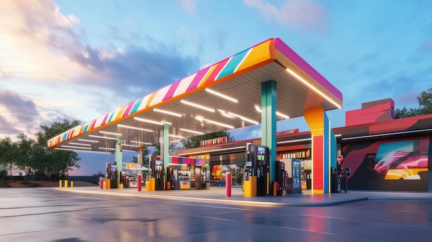 A gas station with a colorful eyecatching design featuring bright signage and a clean