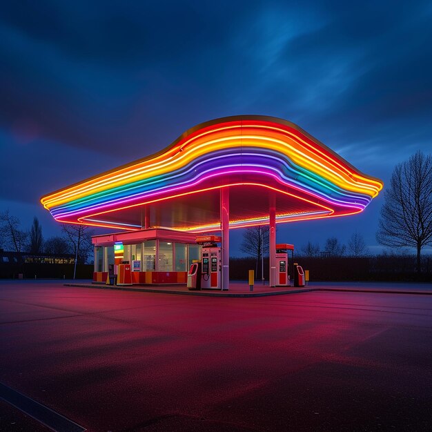 Photo a gas station with a colorful light at night