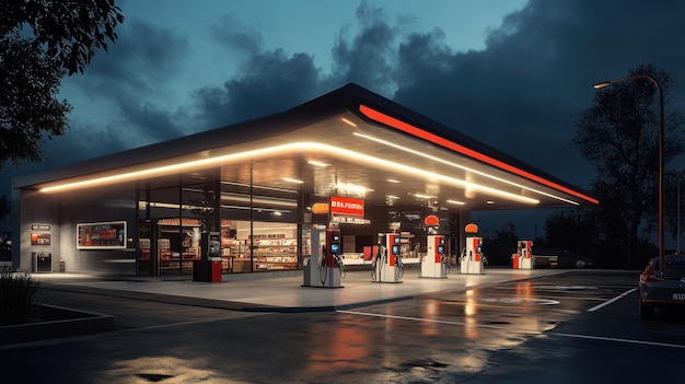 A gas station with a contemporary design including sleek fuel pumps a stylish convenience