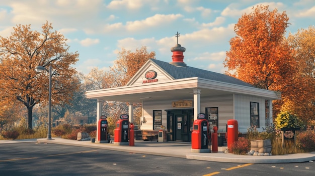 A gas station with a cozy smalltown feel featuring traditional fuel pumps and a friendly