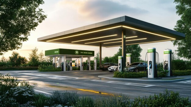 A gas station with a focus on sustainability featuring electric vehicle charging stations