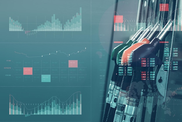 Gas station with fuel dispensers on technological background Graph of rising prices for gasoline and fuel