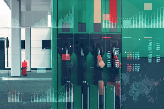 Gas station with fuel dispensers on technological background Graph of rising prices for gasoline and fuel