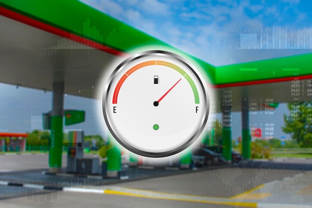 Gas station with fuel gauge for cars Refill green in blur Blurred photo for background