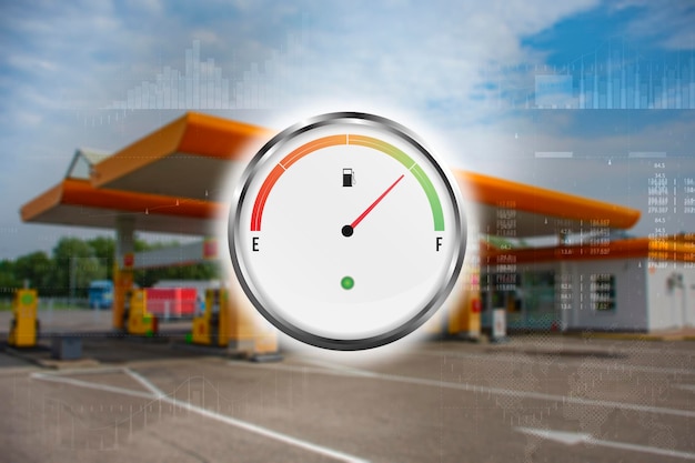 Gas station with fuel gauge for cars Refill green in blur Blurred photo for background