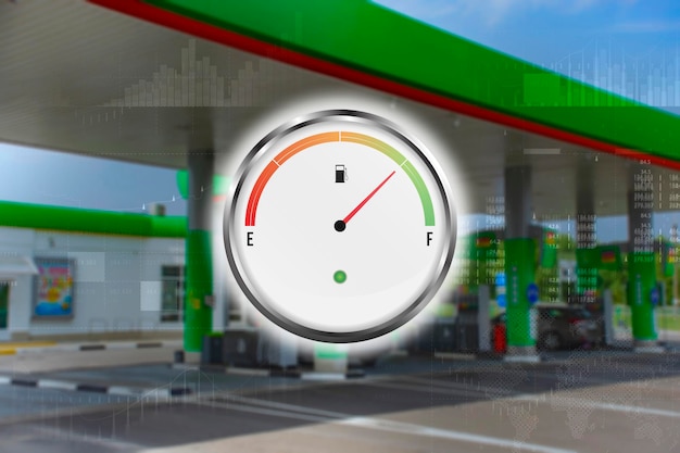 Gas station with fuel gauge for cars Refill green in blur Blurred photo for background