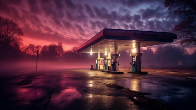 A gas station with a pink sky and the sun shining on the clouds