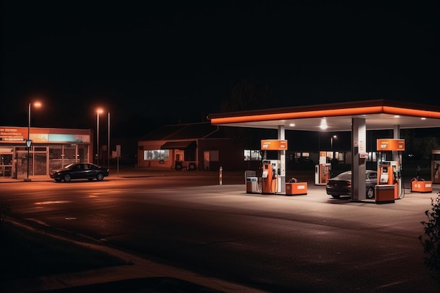 A gas station with a red light on the side.