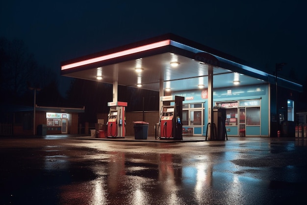 A gas station with a red light on the side